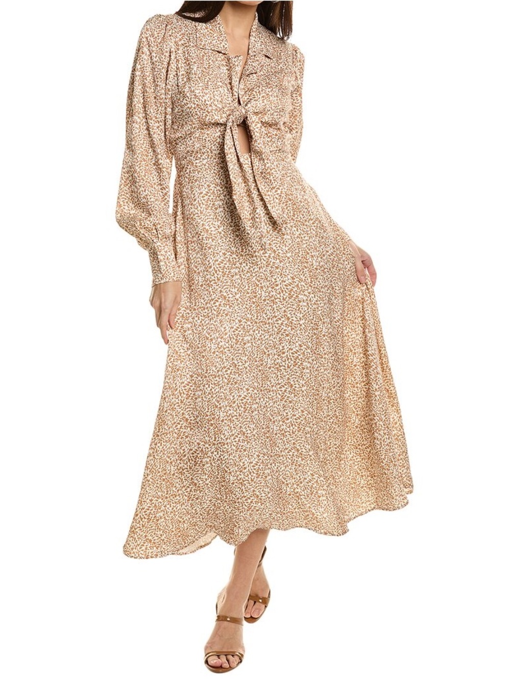 Elie Tahari NEW Tie-Front Linen-Blend Midi Dress Brown Tan Neutral Print